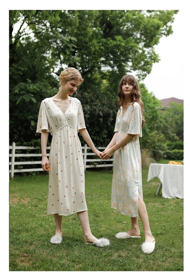 Hanxiuju Summer V- Neck Short Sleeve Nightgowns For Women Soft Viscose Polka Dot Nightwear Ladies Elegant Dress Autumn Spring 1 H0f5d2cc12b2247678c944d1cdecca2556