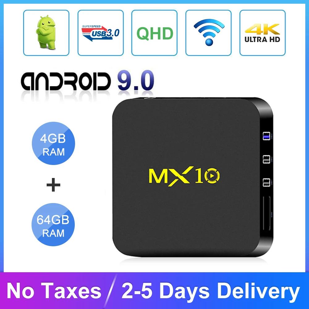 TV Box MX10 Android 9.0 TV Receiver RK3328 Quad Core 4G 64G 2.4G Wifi USB3.0 Support 4K QHD FHD H.265 Media Player Smart TV Box
TV Box MX10 Android 9.0 TV Receiver RK3328 Quad Core 4G 64G 2.4G Wifi USB3.0 Support 4K QHD FHD H.265 Media Player Smart TV Box