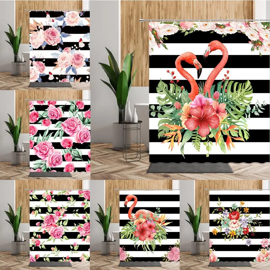 Flamingo Butterfly Rose Flower Shower Curtains For Bathroom Decor Black White Stripe Creative Waterproof Bath Fabric Curtain Set
Flamingo Butterfly Rose Flower Shower Curtains For Bathroom Decor Black White Stripe Creative Waterproof Bath Fabric Curtain Set