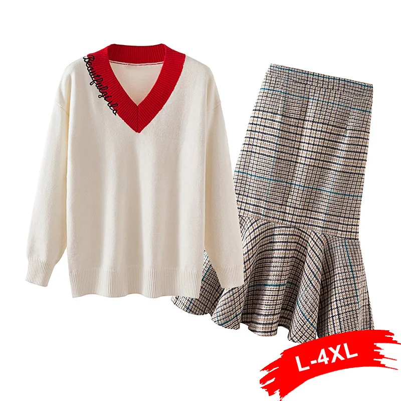 Plus Size Embroidery Knitted V Neck Pullover Sweater Suits Elegant Tweed Plaid Midi Long Mermaid Skirt Two Piece Sets 3Xl 4Xl
Plus Size Embroidery Knitted V Neck Pullover Sweater Suits Elegant Tweed Plaid Midi Long Mermaid Skirt Two Piece Sets 3Xl 4Xl