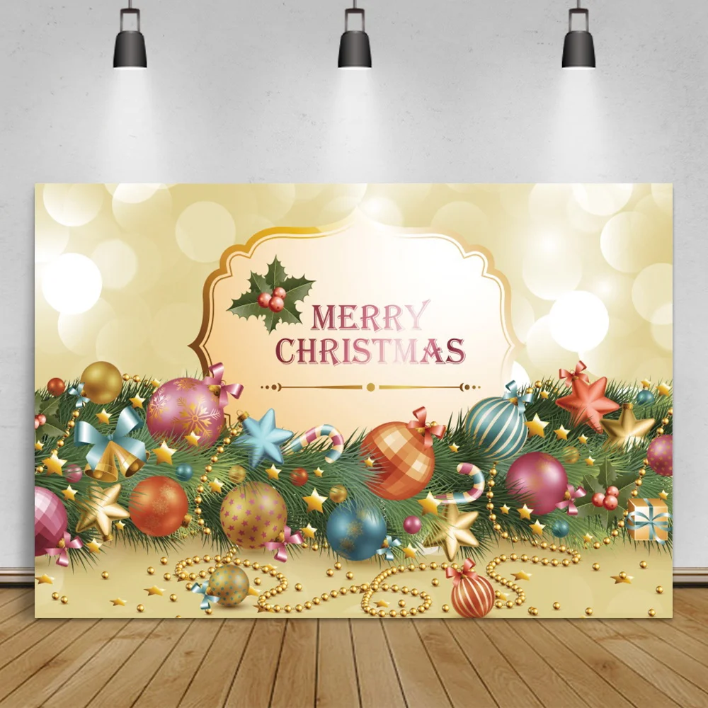 

Laeacco Merry Christmas Photographic Background Light Bokeh Pine Leaves Colored Balls Gold Star Child Portrait Photo Backdrops