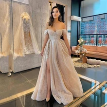 

RANMO Glitter Dusty Pink Sequin A Line Prom Dresses Off the Shoulder Sweetheart Slit Long Formal 2021 Evening Party Gowns