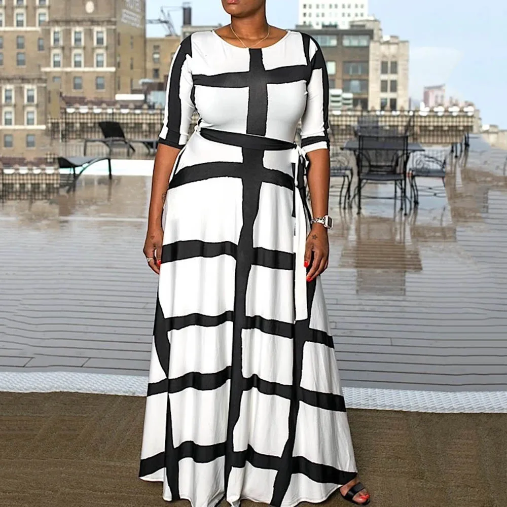 White Geometric Striped Women Long Dress Plus Size Elegant Prom Party Dresses Lady Office African 3/4 Sleeve Belted Maxi Robe
White Geometric Striped Women Long Dress Plus Size Elegant Prom Party Dresses Lady Office African 3/4 Sleeve Belted Maxi Robe