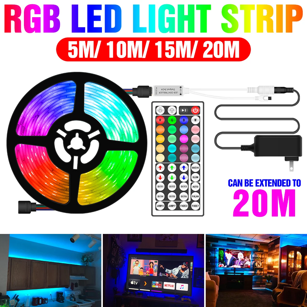 DC 12V RGB Strip Light LED Flexible Ribbon RGB 5050 Diode Tape LED Remote Control Switch Lamp Strip 5M 10M 15M 20M With Adapter
DC 12V RGB Strip Light LED Flexible Ribbon RGB 5050 Diode Tape LED Remote Control Switch Lamp Strip 5M 10M 15M 20M With Adapter