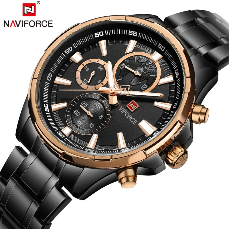 

2018 NAVIFORCE Men 30M Waterproof Sports Watches Mens 24 Hour Date Week Month Stainless Steel Quartz Watches Relogio Feminino