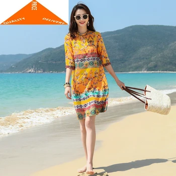 Summer Beach Women Silk Mini Print Floral Elegant Yellow Dress Plus Size Loose Dresses Vestidos LWL9640 
Summer Beach Women Silk Mini Print Floral Elegant Yellow Dress Plus Size Loose Dresses Vestidos LWL9640