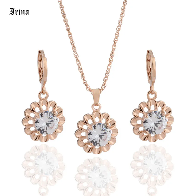 

Irina Jewerly Sets For Women With White Zircon 585 Rose Gold Color Flower Funny Earrings Fashion Jewelry Necklace Pendant Set