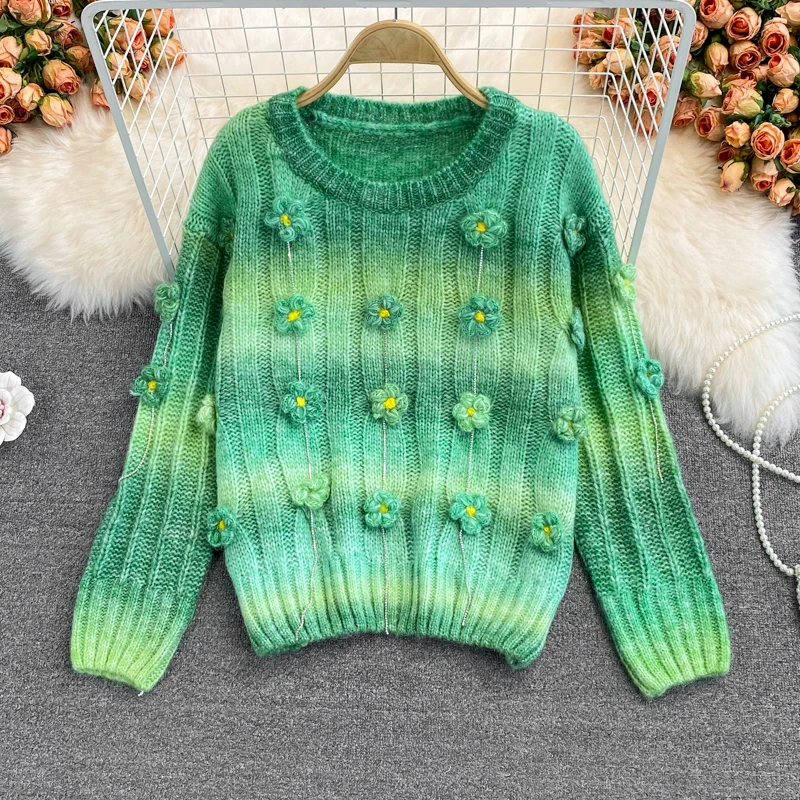 Autumn Winter Korean Style Chic Sweet O-Neck Sweater Fashion Gradient 3D Flowers Knitted Tops Loose Long Sleeve Pullover | Женская