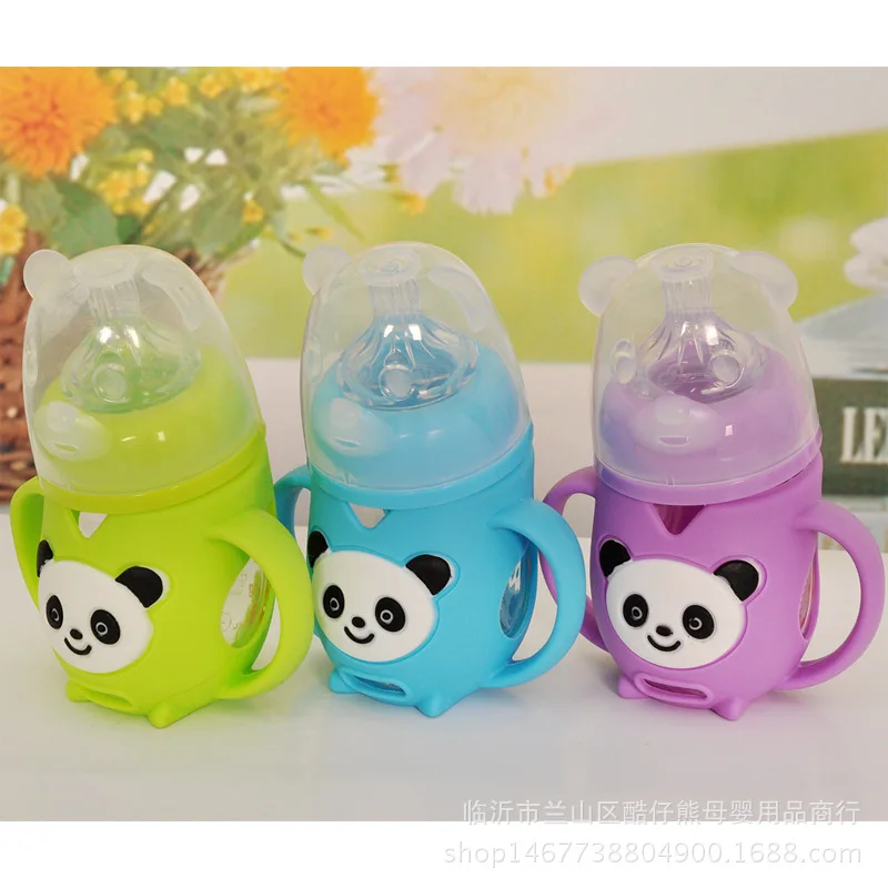 Infant Glass Feeding Bottles Wide Aperture Feeding Bottle against Flatulence Silicone Cover Shatter-resistant Feeding Bottle