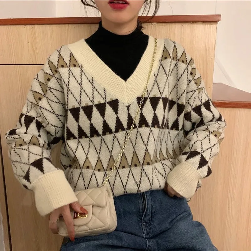 

Sweaters Women Vintage Argyle Korean All-match Chic V-Neck Ladies Pullovers Student Lazy Style Popular Winter Womens Sweater New