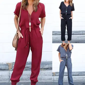 New Women Solid Color V Neck Short Sleeve Jumpsuit Elastic Drawstring Waist Romper
New Women Solid Color V Neck Short Sleeve Jumpsuit Elastic Drawstring Waist Romper