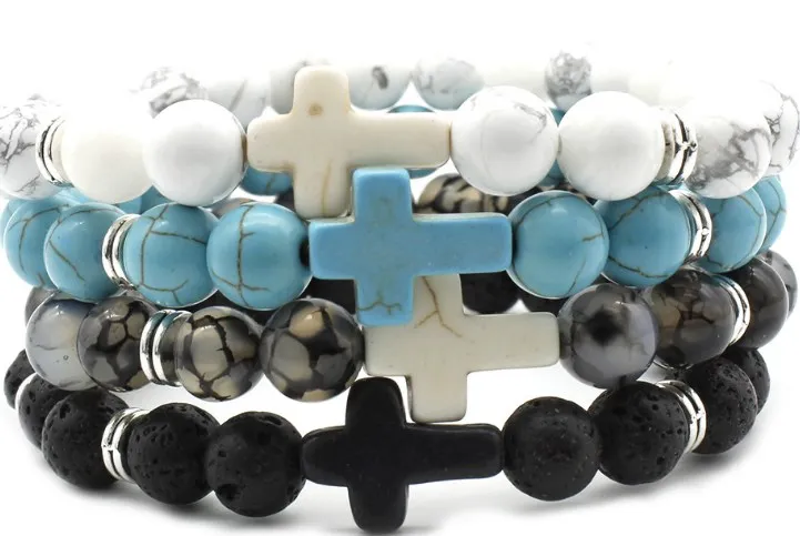 8mm wm424 cross turquoise white Howlite elastic adjusted black volcanic lava Bracelet Stone bead essential oils diffuser | Украшения и