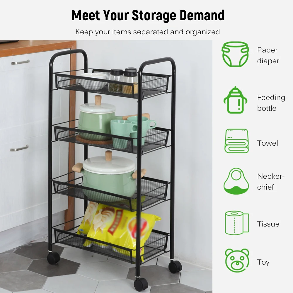 4 Tiers Storage Holders Cart Mobile Shelving Unit Organizer Slide Out Rolling Utility for Kitchen Bathroom Shelf | Дом и сад