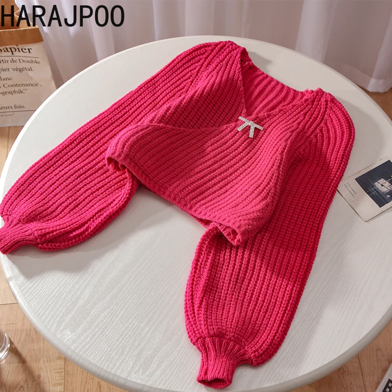 Женский трикотажный пуловер Harajpoo с бантом V-образным вырезом и длинным рукавом |