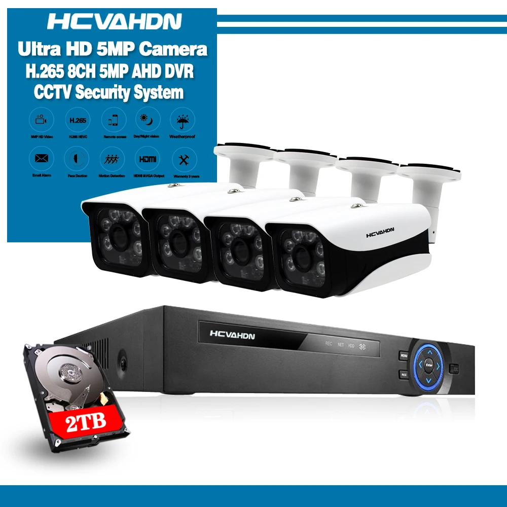 H.265 8CH DVR NVR Kit 5MP CCTV System 4Pcs Outdoor IP66 Waterproof 5MP Audio DVR NVR P2P Onvif Video Security Surveillance Set
H.265 8CH DVR NVR Kit 5MP CCTV System 4Pcs Outdoor IP66 Waterproof 5MP Audio DVR NVR P2P Onvif Video Security Surveillance Set