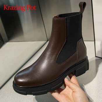 Krazing pot genuine leather round toe thick bottom stretch boots British style young lady streetwear slip on hot ankle boots L27 
Krazing pot genuine leather round toe thick bottom stretch boots British style young lady streetwear slip on hot ankle boots L27