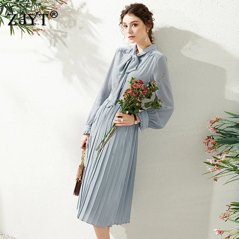 2020 New Runway Designer Spring Dress Women High Quality Long Sleeve Bow Collar Lace Patchwork Solid Pleated Chiffon Dress
2020 New Runway Designer Spring Dress Women High Quality Long Sleeve Bow Collar Lace Patchwork Solid Pleated Chiffon Dress