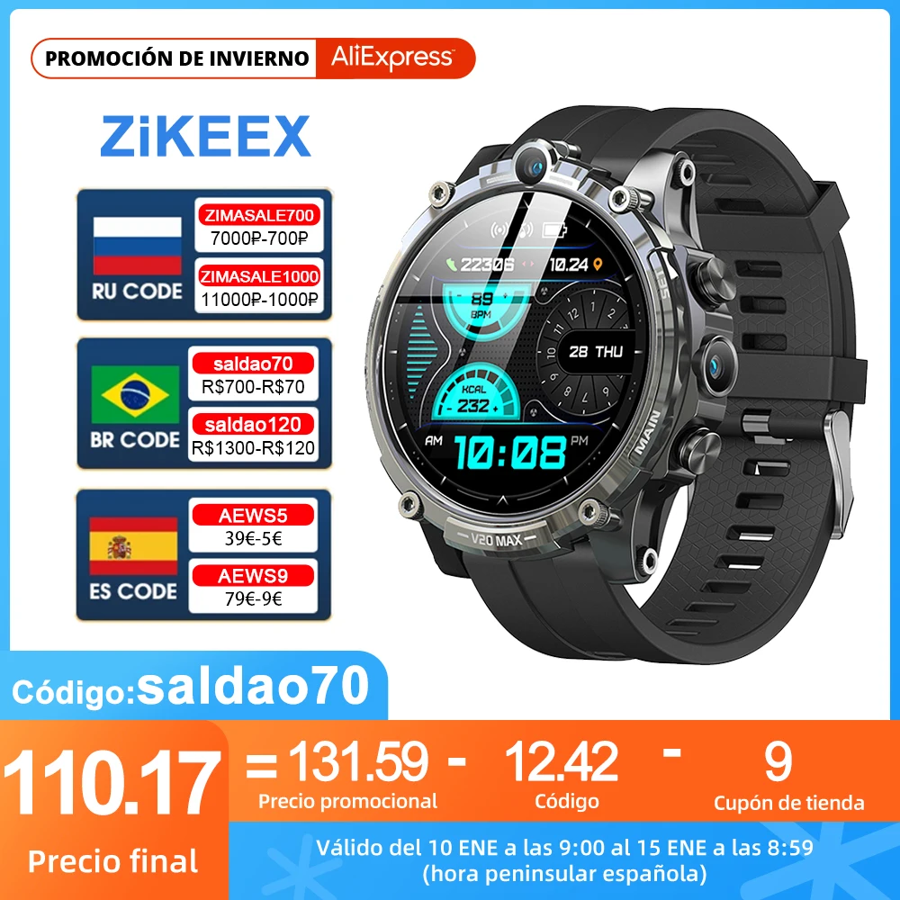 Смарт-часы ZiKEEX V20 мужские с SIM-картой 4 Гб ОЗУ 128 ПЗУ 1000 мАч две камеры GPS Wi-Fi