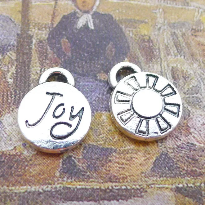 

20PCS/Lot 10mm*12mm Pendant Antique Silver Color Joy Charm around Disc Message Charms For DIY Jewelry Making Jewelry Findings