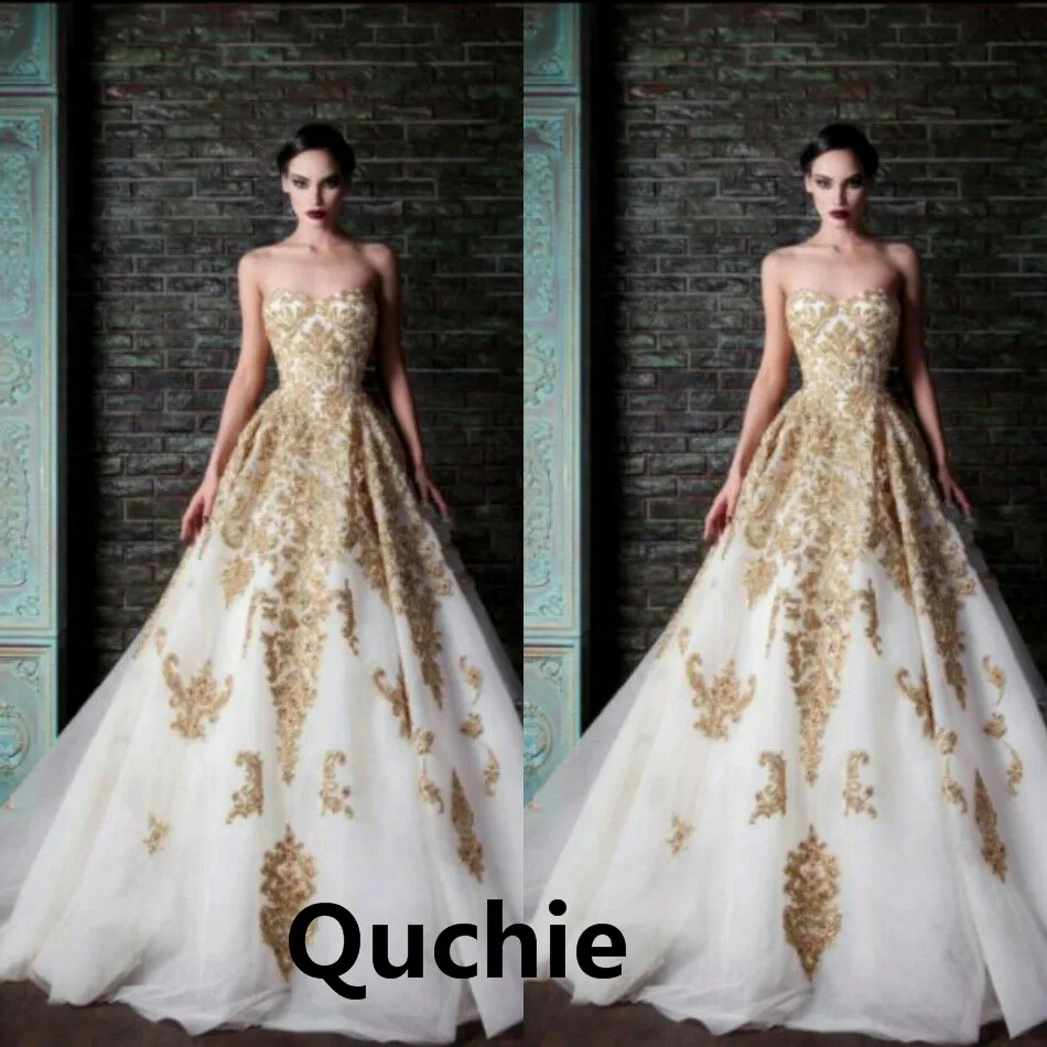 Ivory Wedding Dress Golden Appliques Tulle Strapless Bodice Vintage Illusion Bridal Dress Formal Vestidos de Noiva
Ivory Wedding Dress Golden Appliques Tulle Strapless Bodice Vintage Illusion Bridal Dress Formal Vestidos de Noiva