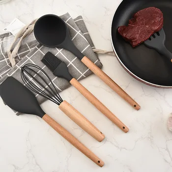 Silicone Kitchenware Set Nonstick Cooking Shovel Spoon Wooden Handle Cooking Tool Spatula Kitchen Gadgets Utensil Set K8