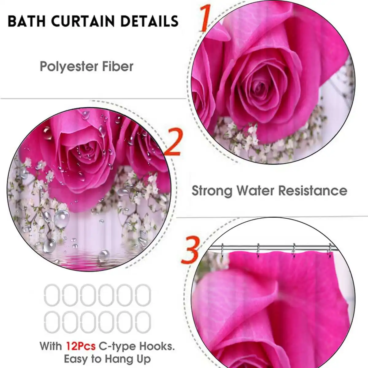 Xueqin Pink Rose Printed Pattern 180x180cm Shower Curtain Pedestal Rug Lid Toilet Cover Mat Non-slip Bath Mat Set Bathroom