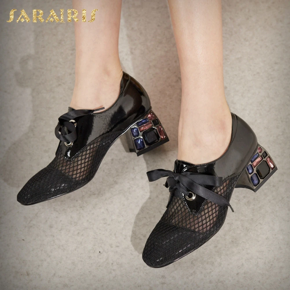 Sarairis Design Hot Sale Thick Heels Genuine Leather Lace Up Comfortable Shoes Woman Pumps Female Lace Up Spring Pumps Women 
Sarairis Design Hot Sale Thick Heels Genuine Leather Lace Up Comfortable Shoes Woman Pumps Female Lace Up Spring Pumps Women
