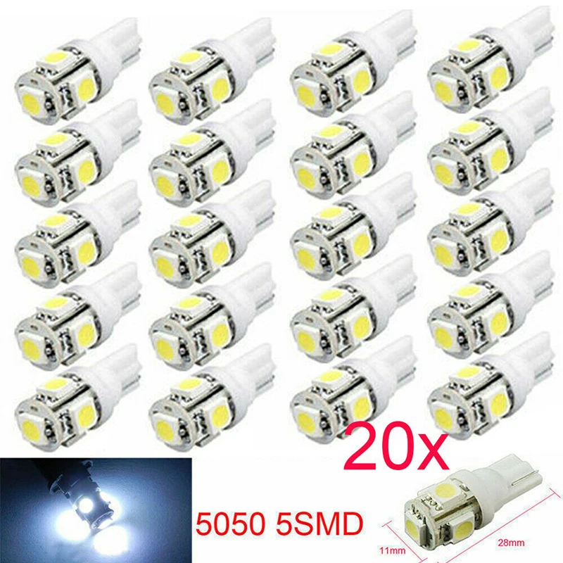 

20pcs 6000K 5W 12V White LED Car Lights T10 5050 5-SMD Signal Lamps Replacement For Interior Door/ Reading/License Plate Light