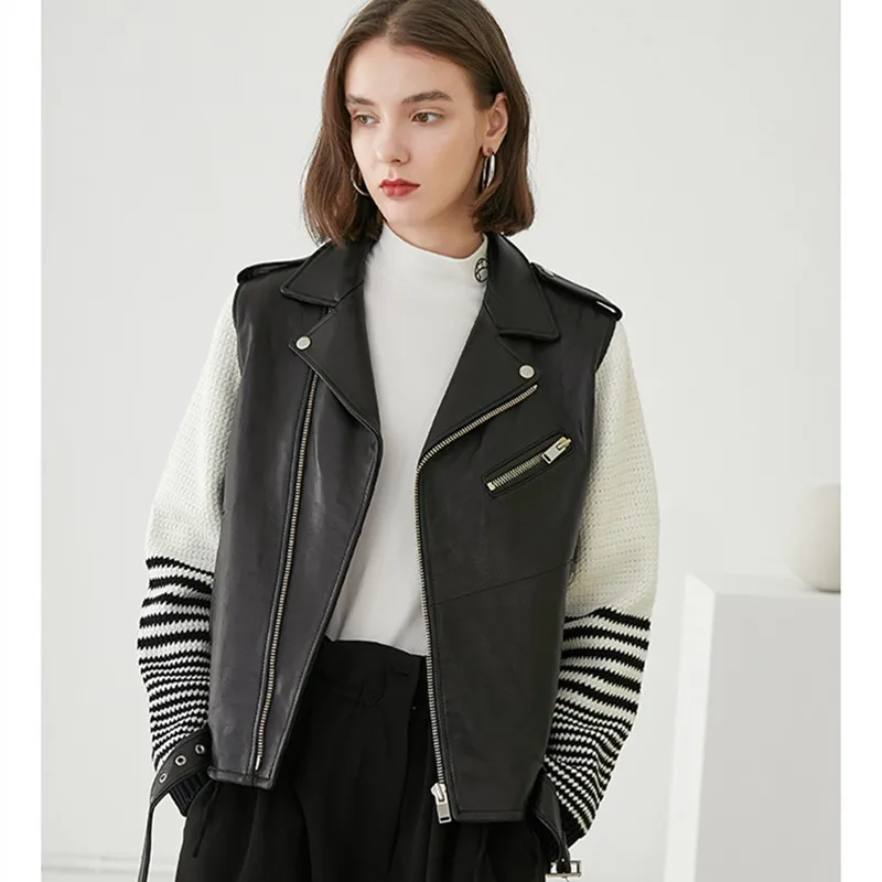 Women Spring Autumn Black And White Striped Knitting Sleeve Patchwork PU Leather Short Jacket Casual Loose Tassel biker jacket
Women Spring Autumn Black And White Striped Knitting Sleeve Patchwork PU Leather Short Jacket Casual Loose Tassel biker jacket
