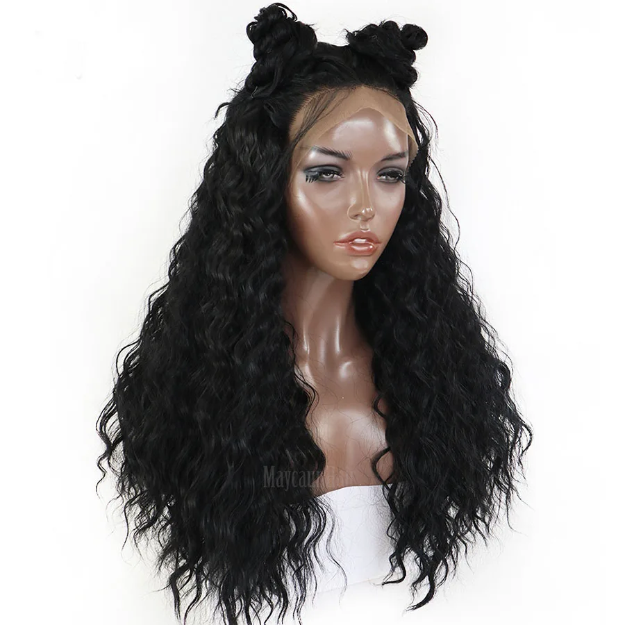 Maycaur Black Color Long Curly Wigs for Black Women Synthetic Lace Front Wigs with Natural Baby Hair (3)