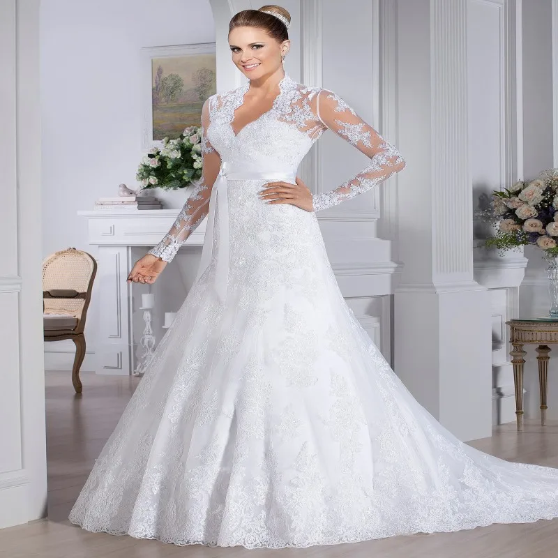Elegant Vestido de noiva V-neck Lace Long Sleeves robe de mariee See Through Wedding Dress 2015 gelinlik Wedding gowns
Elegant Vestido de noiva V-neck Lace Long Sleeves robe de mariee See Through Wedding Dress 2015 gelinlik Wedding gowns