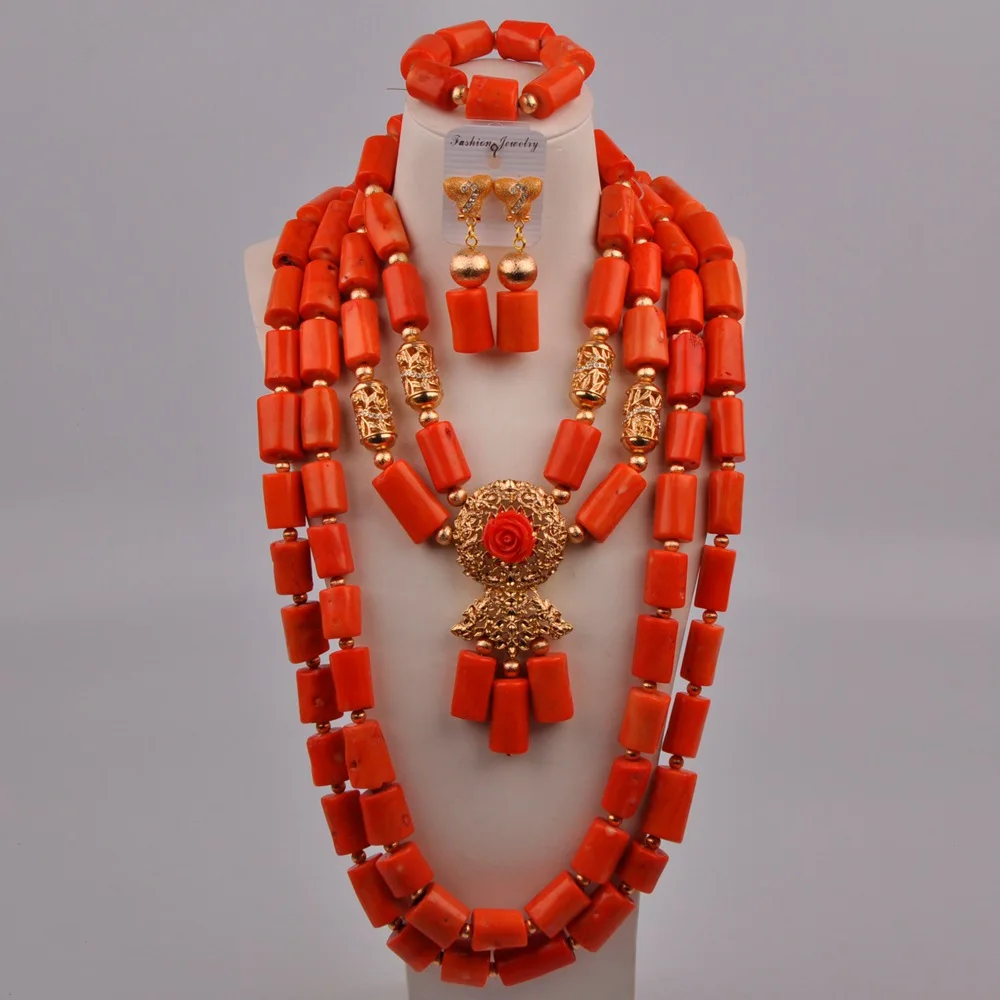 

Luxury African Wedding Dress Accessories Nigeria Perfect Bride Orange Natural Coral Bead Necklace Wedding Jewelry Set AU-250