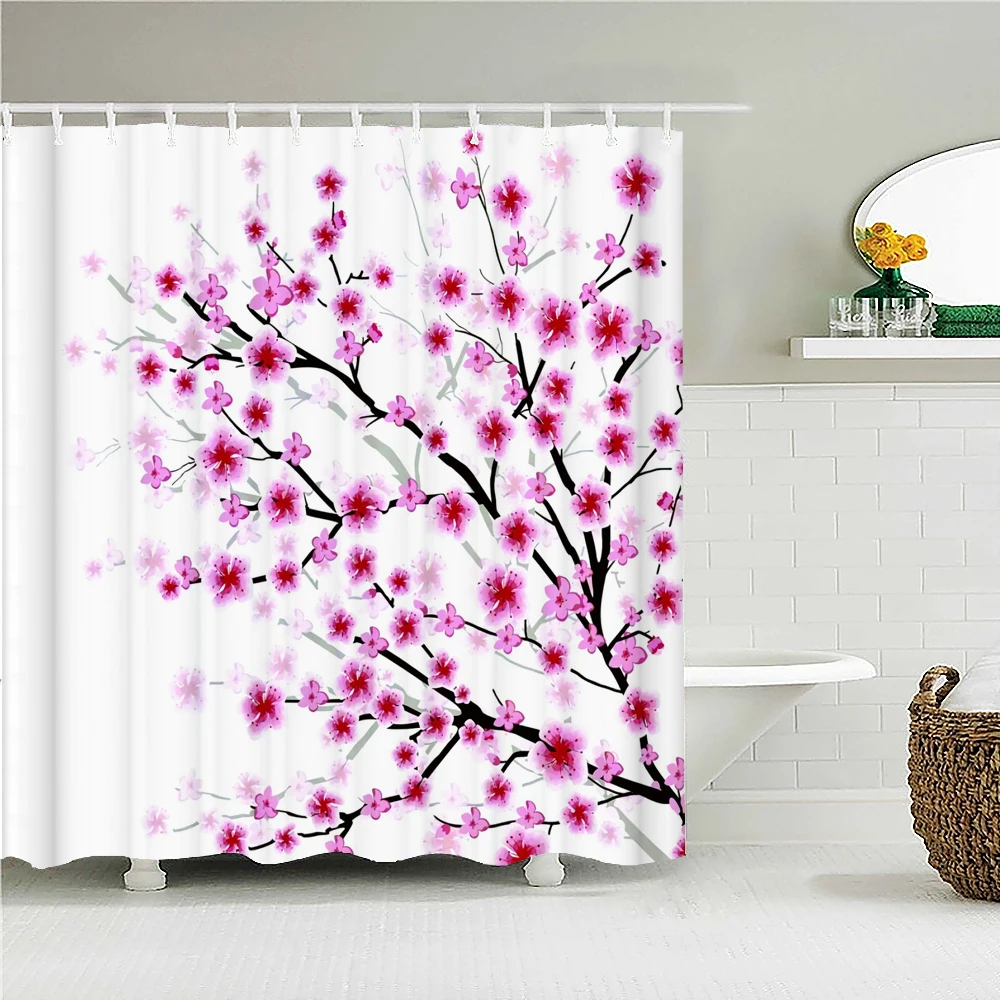 

Штора для душа с принтом цветущей вишни, водонепроницаемая декоративная занавеска для ванной из полиэстера, с розовыми цветами
