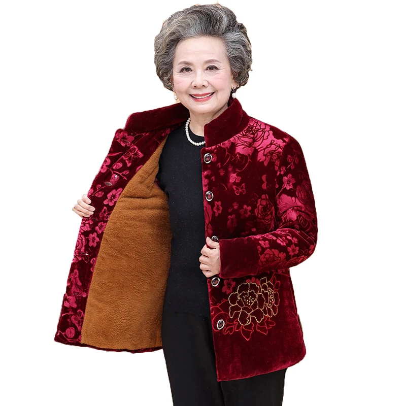 

Women's Cotton Coat Parker Fashion Middle-aged Elderly Grandmother Winter Jackets Add Velvet Warm Printing Overcoat Parkas 5XL