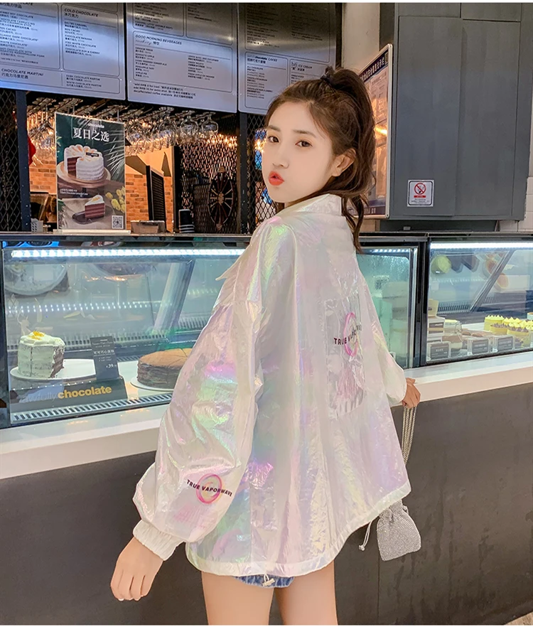 YUANYUANJYCO summer thin woman jacket reflective colorful with a zipper long sleeve fashion white pink jackets for women coats