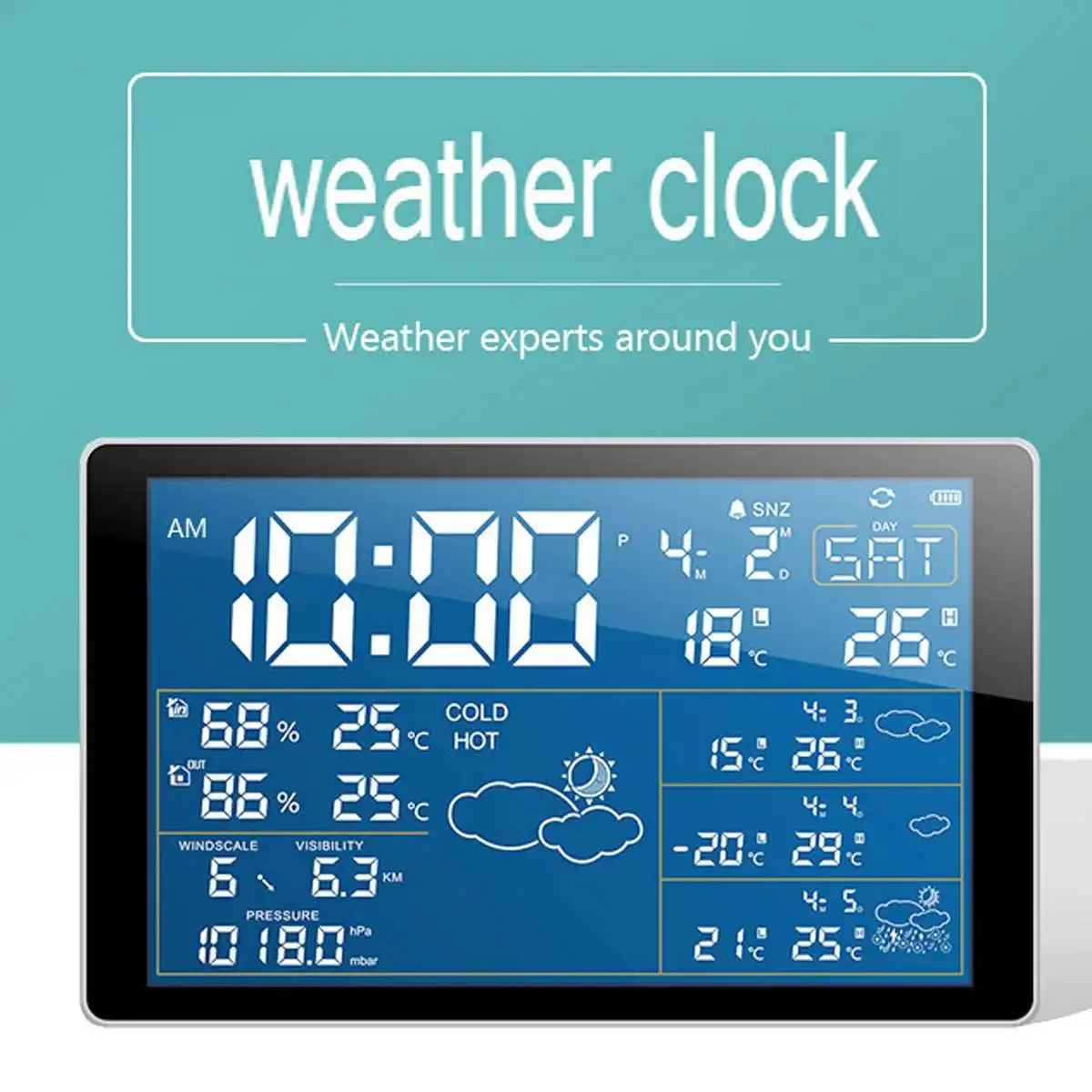 Digital LED Alarm Clock Color Forecast Wireless bluetooth Weather Station Barometer Outdoor Forecast Sensor Alarm Clock
Digital LED Alarm Clock Color Forecast Wireless bluetooth Weather Station Barometer Outdoor Forecast Sensor Alarm Clock