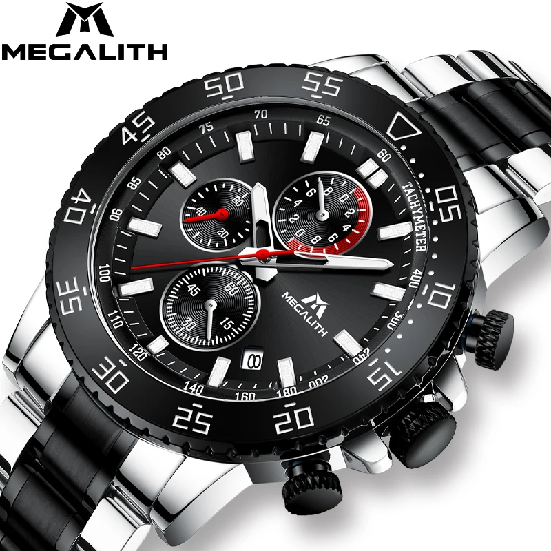 

MEGALITH Military Watches Men Stainless Steel Band Waterproof Quartz Wristwatch Chronograph Clock Male Fashion Sports Watch 8087