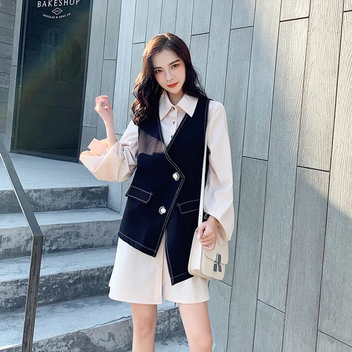 

Loose Summer 2019 Casual Twinset Korean Brief Irregular Two Piece Set Single Breasted Fashion Lantern Sleeve Women's Sets