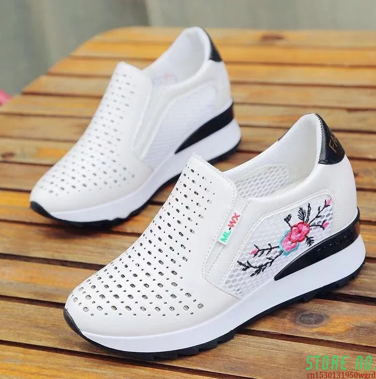 

Women Comfortable Casual Shoes Summer Slip on Loafers Mixed Colors Hollow Out Increasing Internal Height Sneakers