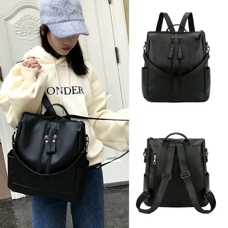 Фото Women Anti-Theft Backpack PU Leather Zipper Backpacks For Teenage Girls School Bookbag Black Travel Shoulder Bag Bagpack | Багаж и сумки