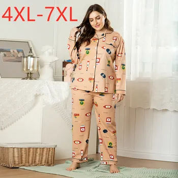 2020 ladies autumn winter plus size pajamas for women long sleeve print button shirt and pants home wear suit 4XL 5XL 6XL 7XL 
2020 ladies autumn winter plus size pajamas for women long sleeve print button shirt and pants home wear suit 4XL 5XL 6XL 7XL
