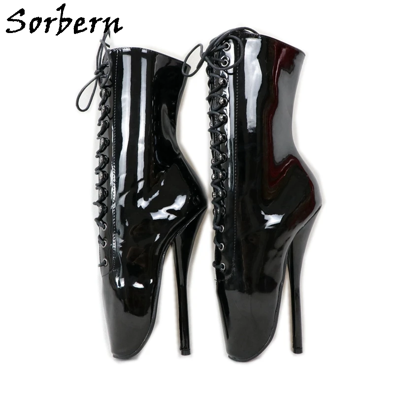 

Sorbern Black Patent Ankle Boots For Women Ballet High Heel Stilettos Lace Up Short Fetish Shoes Bdsm Booties Unisex Custom