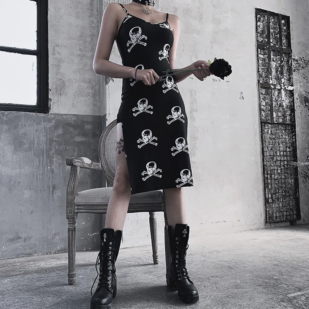 Bodycon Dress Women Gothic Skull Print Black Party Dress Fashion Streetwear Slit Female Knee length Dress Sexy Spaghetti Straps
Bodycon Dress Women Gothic Skull Print Black Party Dress Fashion Streetwear Slit Female Knee length Dress Sexy Spaghetti Straps