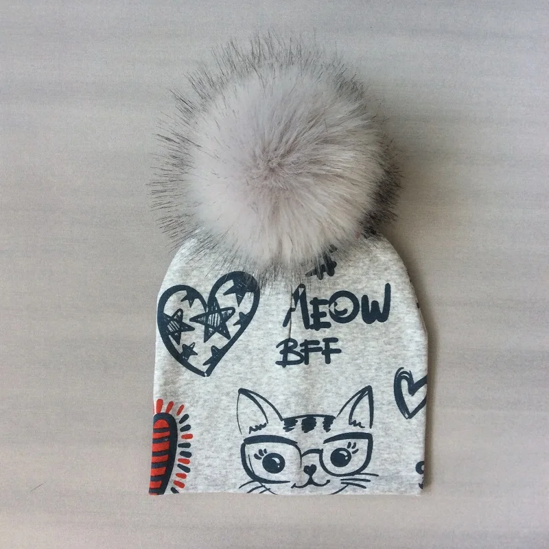 Kids Girls Hats Cat Printing Cotton Pompom Hat For Girls Winter Children Caps Faux Fur Baby Hat Bonnet Kids Girls Hats Cat Printing Cotton Pompom Hat For Girls Winter Children Caps Faux Fur Baby Hat Bonnet