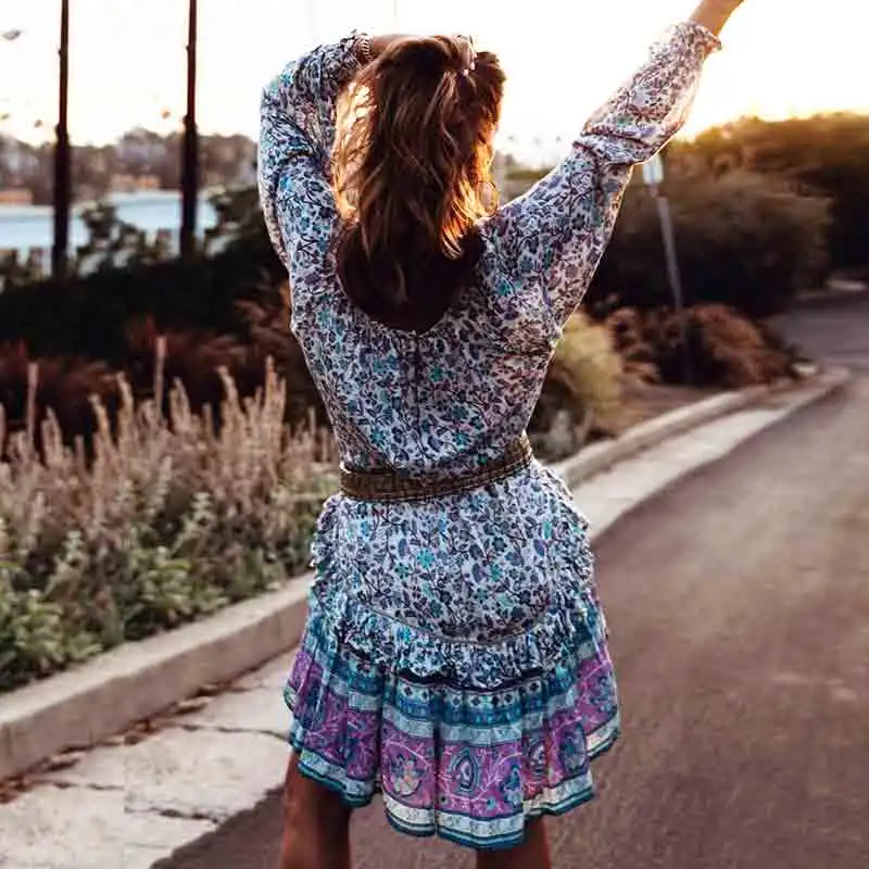 

BOHO INSPIRED Gypsy love tunic summer dress V-neck floral sleeve mini boho dess belt tied dress women 2019 casual dress female