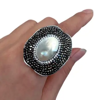 Natural Teardrop White Mabe Pearl Black Rhinestone Pave Ring Adjustable 
Natural Teardrop White Mabe Pearl Black Rhinestone Pave Ring Adjustable