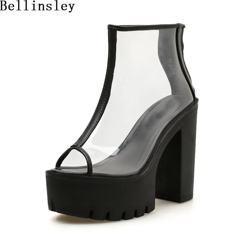 Bellinsley PVC Boots Sandals Peep Toe Thick High Heels Shoes Women Platform Shoes Ladies Transparent Ankle Boots 2019 Spring 
Bellinsley PVC Boots Sandals Peep Toe Thick High Heels Shoes Women Platform Shoes Ladies Transparent Ankle Boots 2019 Spring