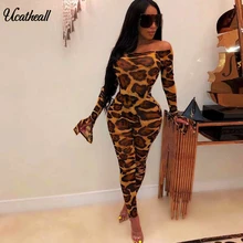 Off Shoulder Luipaard Sexy Jumpsuit Vrouwen Elastische Slash Hals Bodycon Rompertjes Herfst Lange Mouw Volledige Lengte Jumpsuits(China)