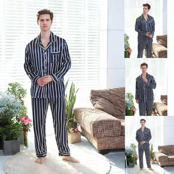 

Mens Pajamas Boy pajama Stripe Long Sleeves PJ Pyjamas 2 PCS Set Night Robe Dressing Gown Male Silk Satin Bathrobe Sleepwear