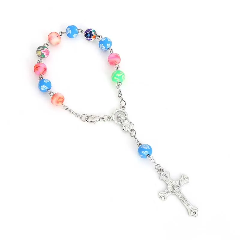 

60 Pieces / Color Polymer Clay Beads Rosary Bracelet, Alloy Pendant Cross Virgin Mary Center Christian Catholic Religious Orname